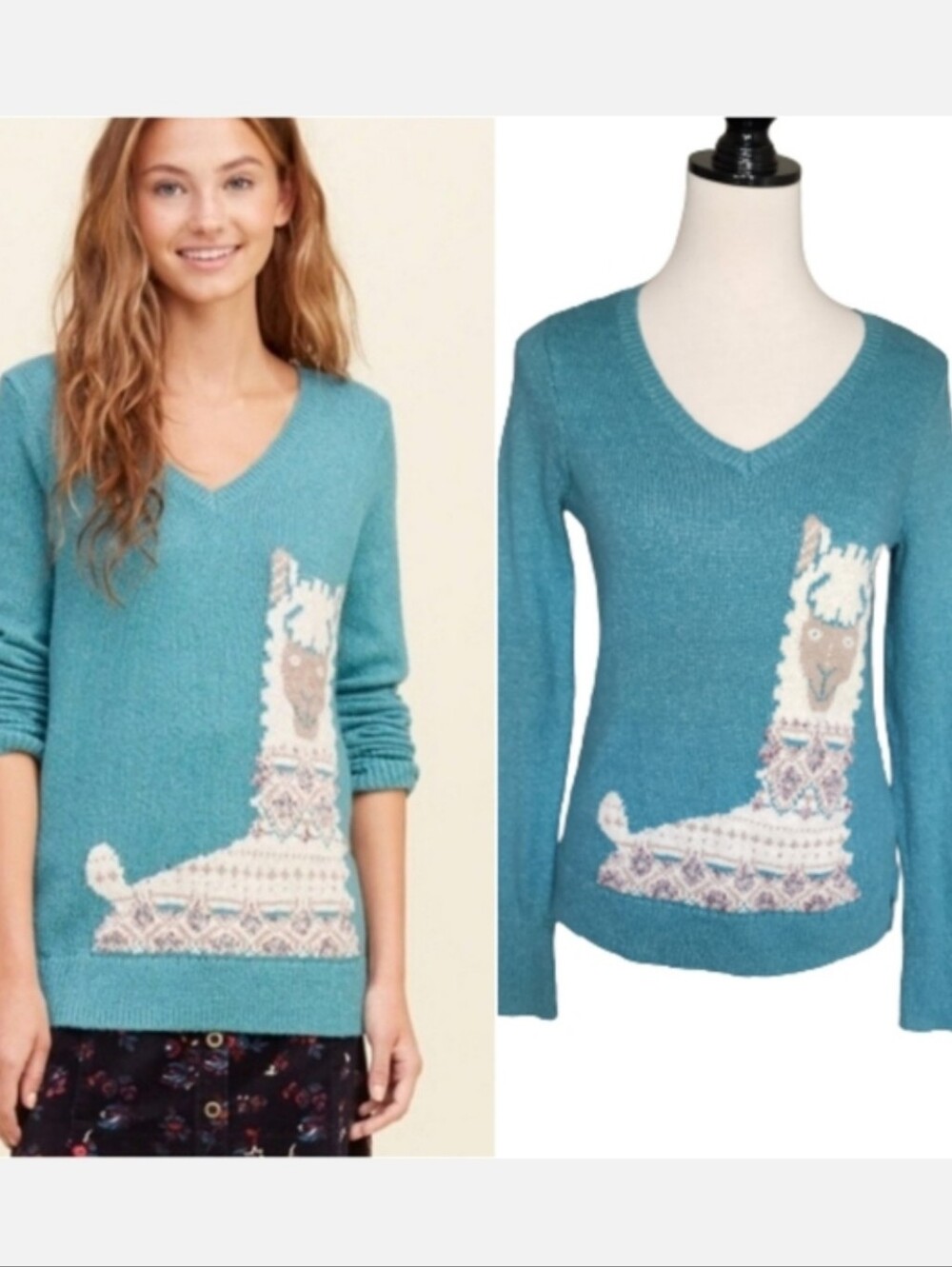 Hollister turquoise llama v-neck sweater Women's size small